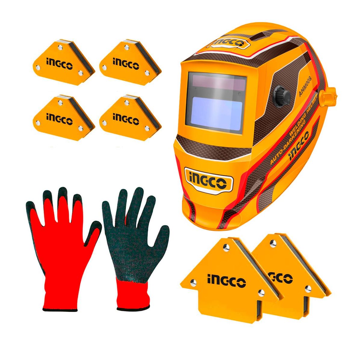INGCO TOOLS - SET 6 ESCUADRAS MAGNÉTICAS + CASCO CARETA SOLDAR + GUANTES - COMBO