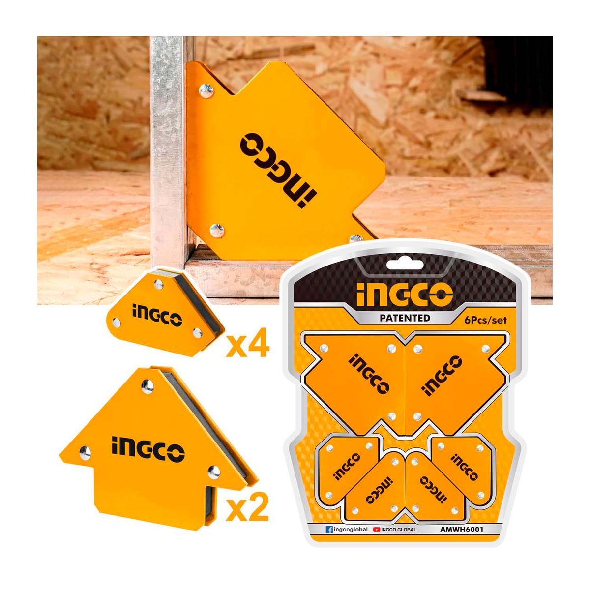 INGCO TOOLS - SET 6 ESCUADRAS MAGNÉTICAS + CASCO CARETA SOLDAR + GUANTES - COMBO