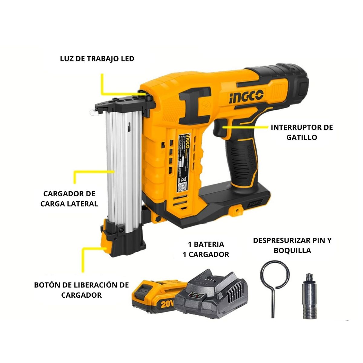 INGCO TOOLS - Clavadora 20v incluye bateria y cargador Ingco
