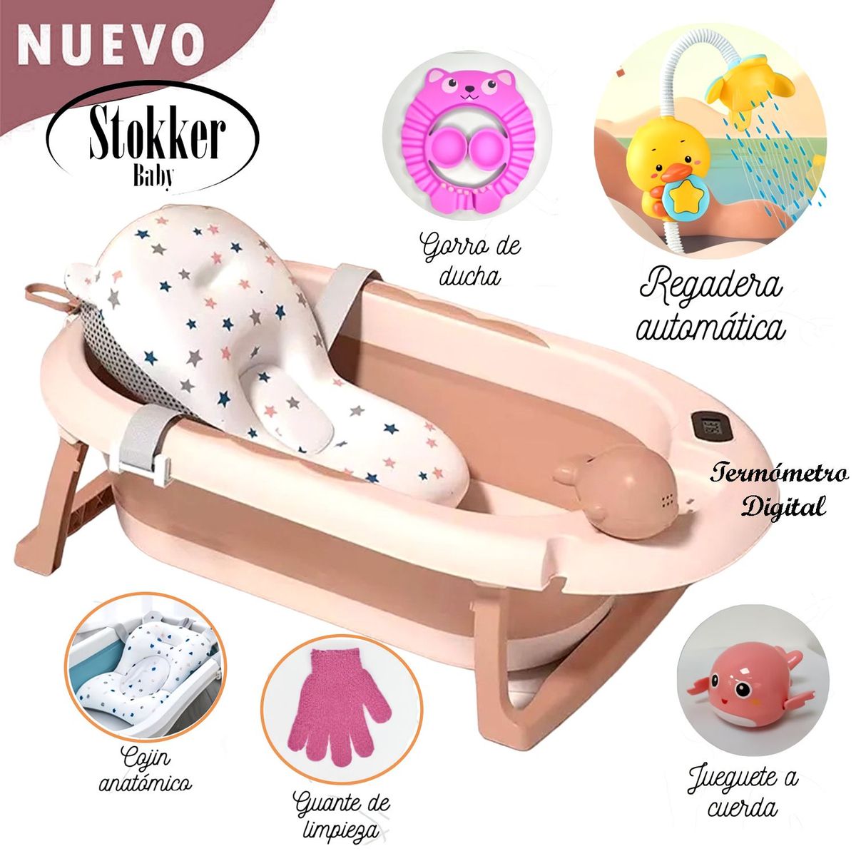 GENERICO - NUEVO Tina Bañera Plegable Piscis Con Termómetro Pink
