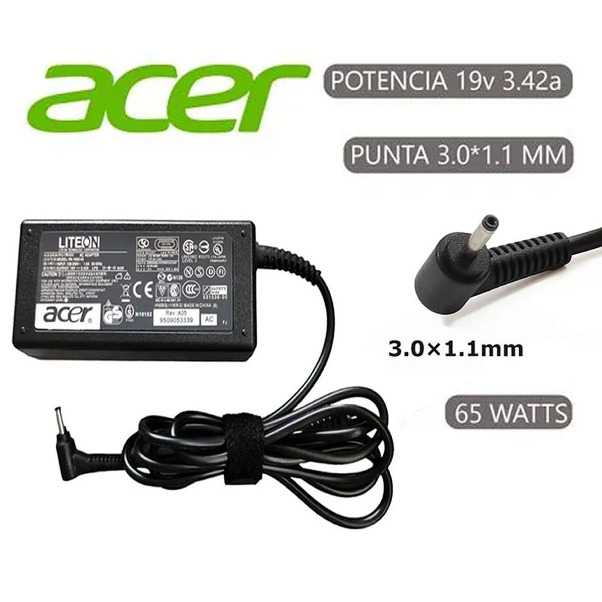 GENERICO - CARGADOR COMPATIBLE ACER 19V 3.42A - 3.0 x 1.1mm 65W