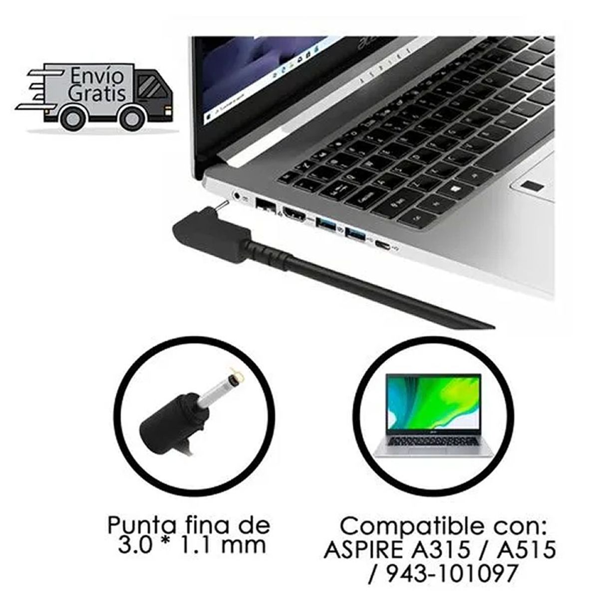 GENERICO - CARGADOR COMPATIBLE ACER 19V 3.42A - 3.0 x 1.1mm 65W