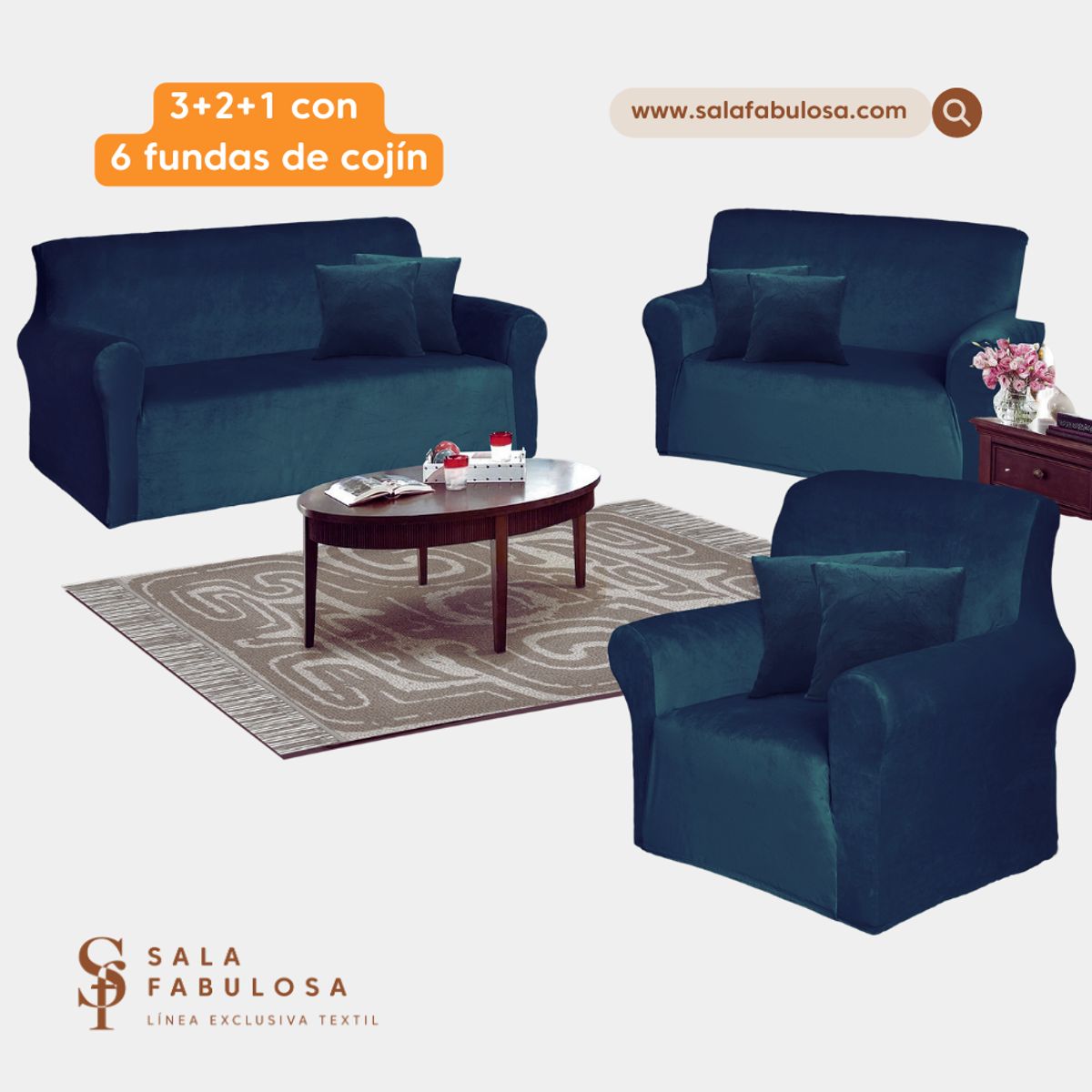 SALA FABULOSA - Funda de mueble terciopelo 3-2-1 Azul noche Sala fabulosa