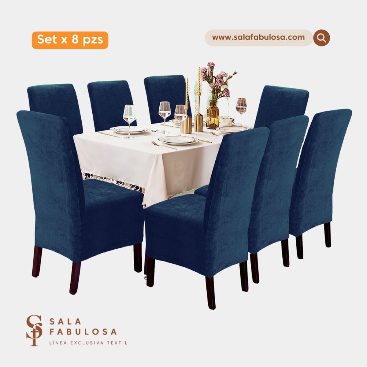 SALA FABULOSA - Funda de silla terciopelo 8 piezas Azul noche Sala fabulosa