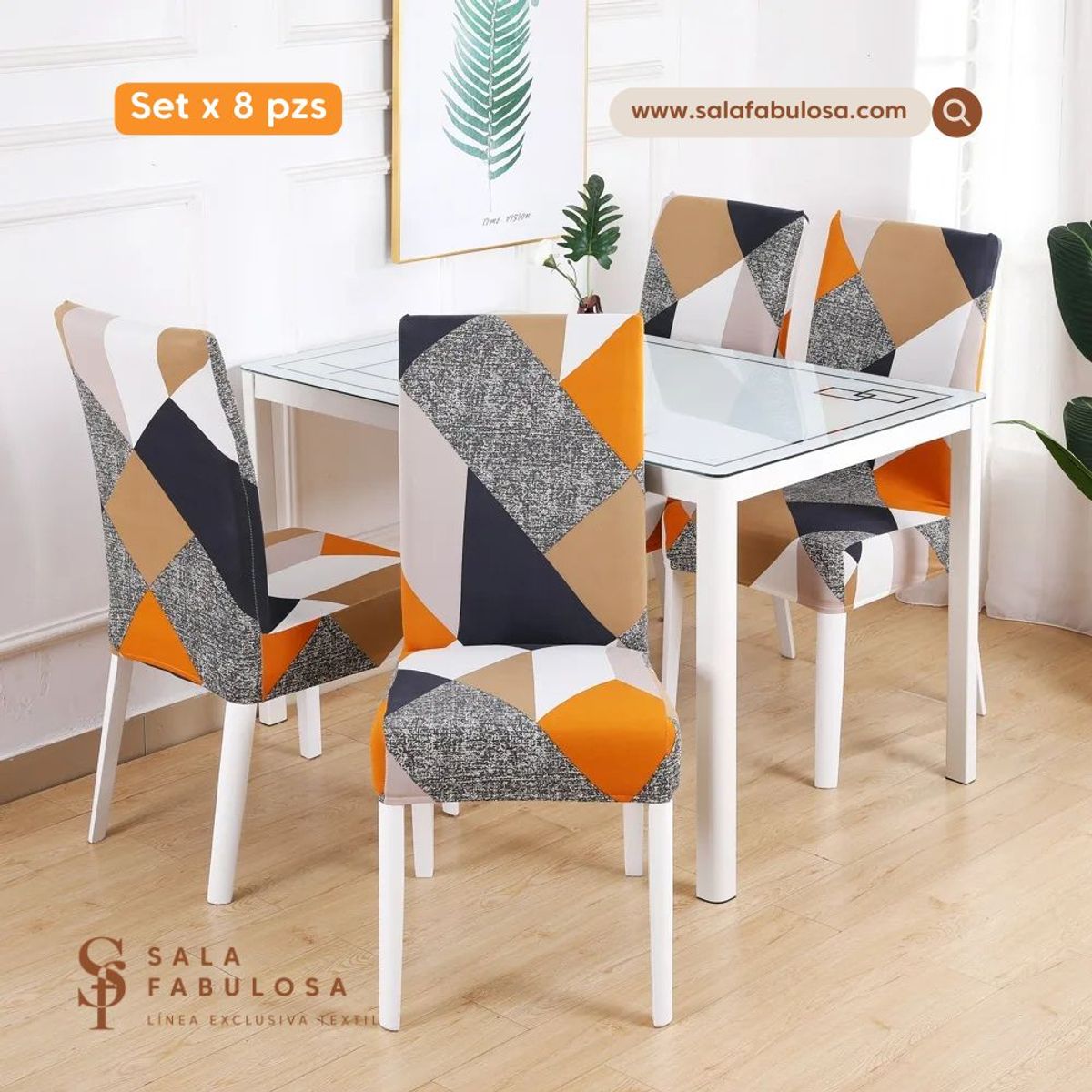 SALA FABULOSA - Set 8 pzs fundas de silla diseño elegante triángulos lycra importado