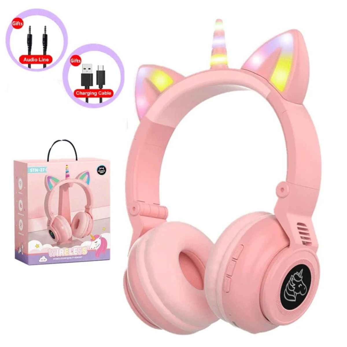 GENERICO - Audífonos Inalámbrico Bluetooth Orejas Unicornio Luz RGB  Rosado