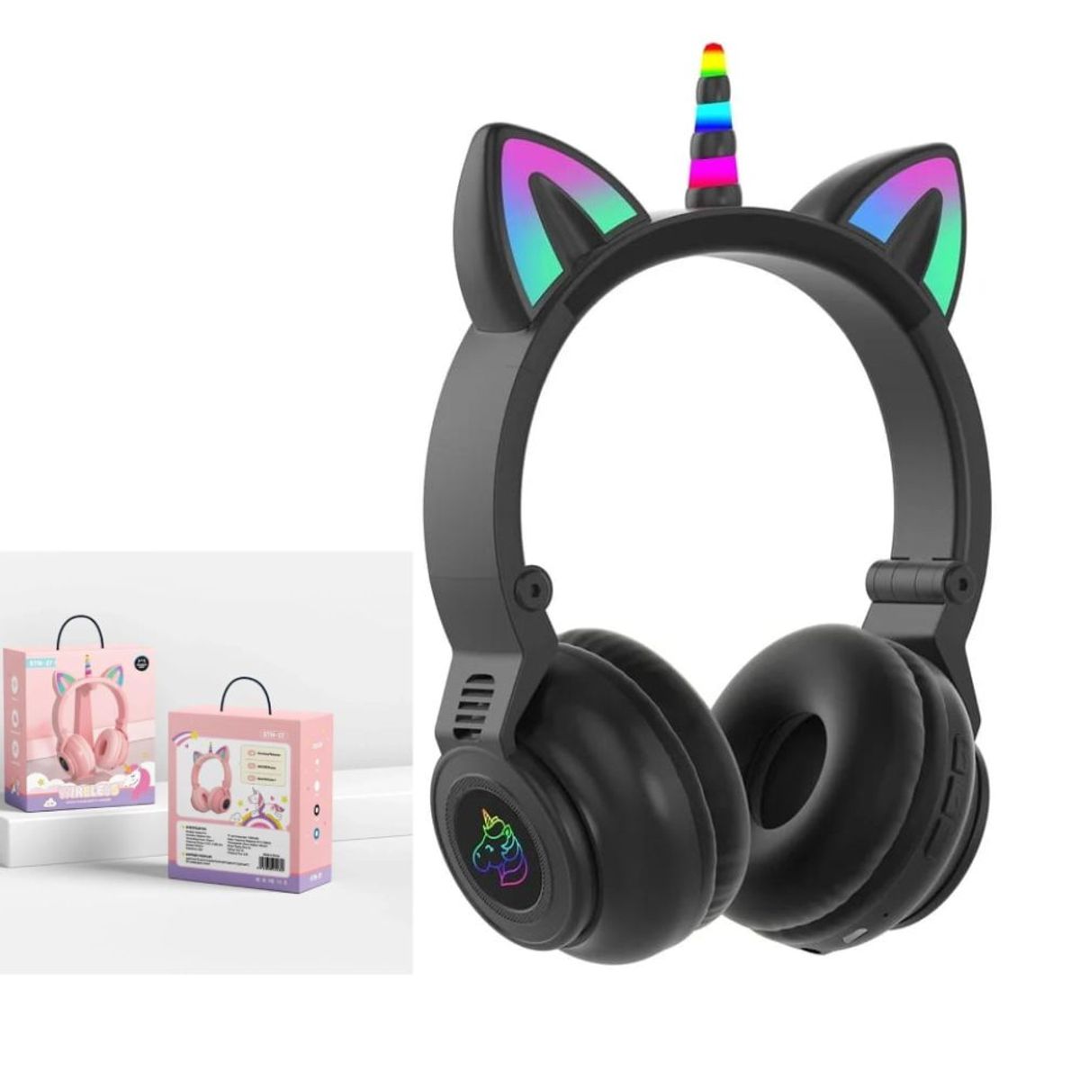 GENERICO - Audífonos Inalámbrico Bluetooth Orejas Unicornio Luz RGB  Negro