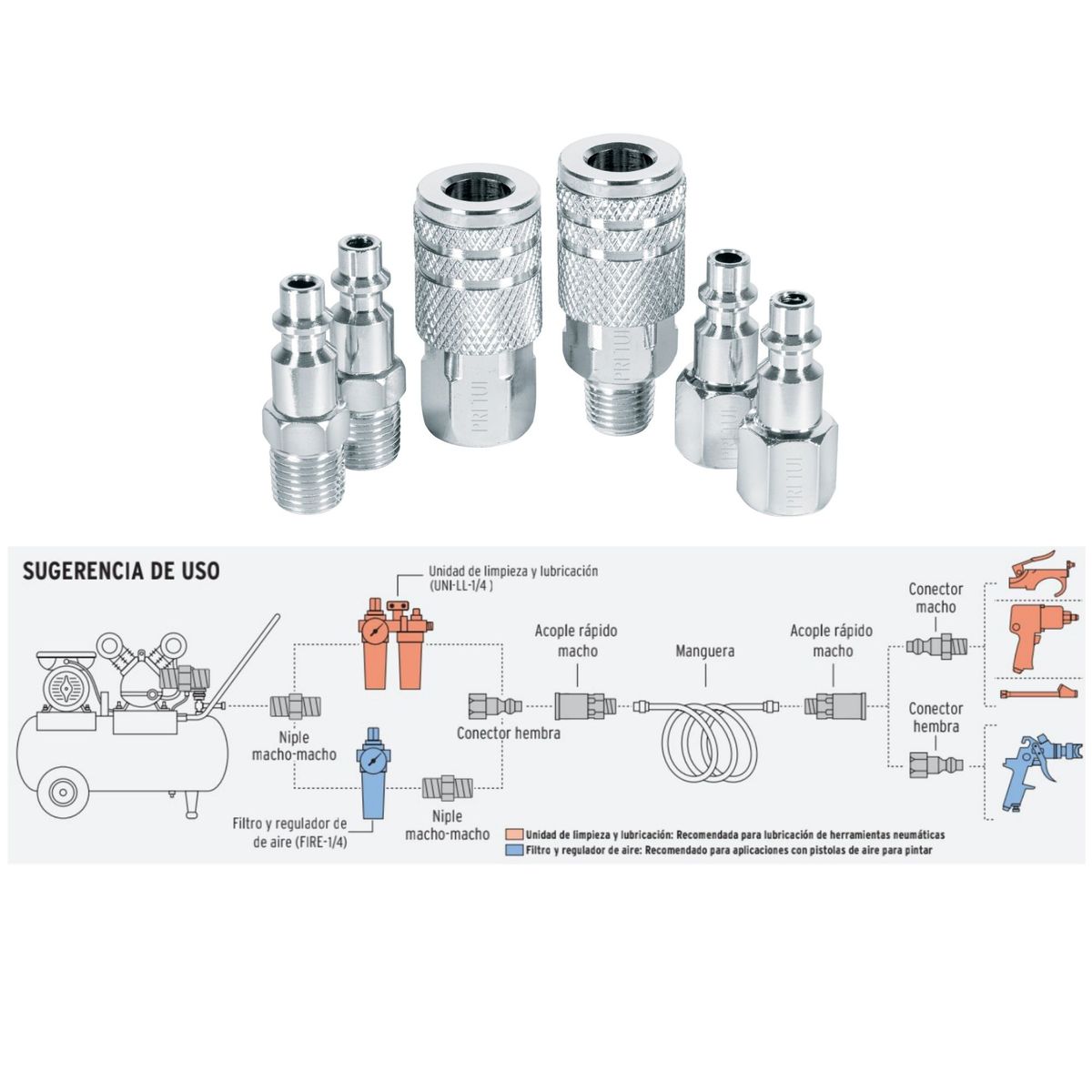 PRETUL - CONECTORES ACOPLES RAPIDOS 6 UNIDADES PARA COMPRESORA DE AIRE