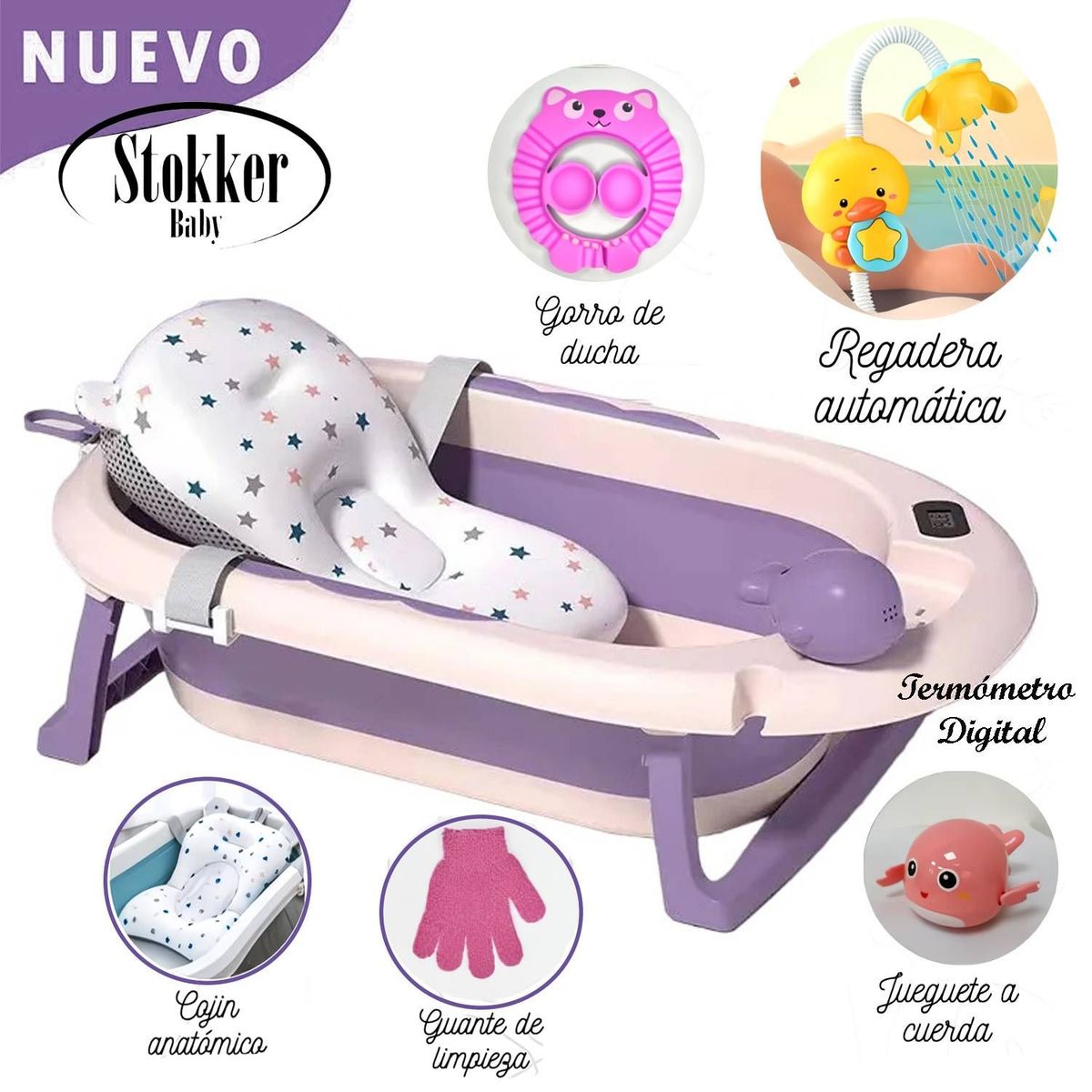 GENERICO - NUEVO Tina Bañera Plegable Piscis Con Termómetro Purple