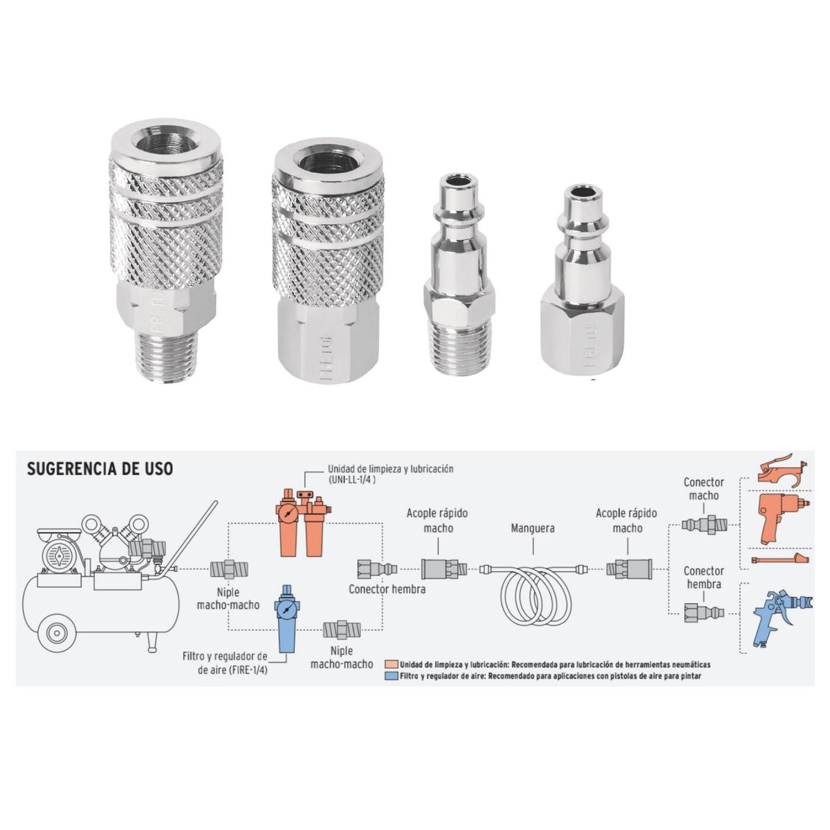 PRETUL - CONECTORES ACOPLES RAPIDOS 4 UNIDADES PARA COMPRESORA DE AIRE