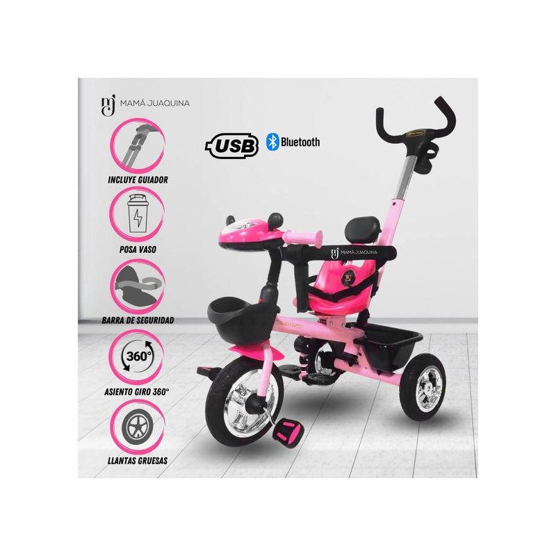 BABY HAPPY - Triciclo Fuxia  Guiador con Bluetooth Musical