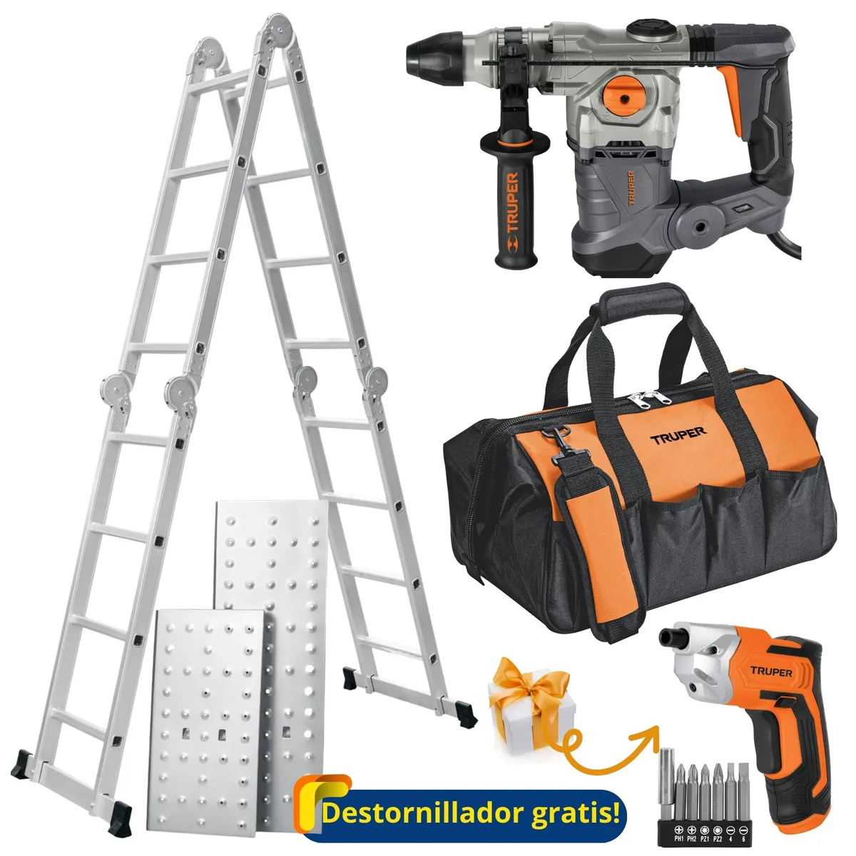 TRUPER - COMBO Escalera multiposición 16 peldaños Rotomartillo 6 JOULES MALETA