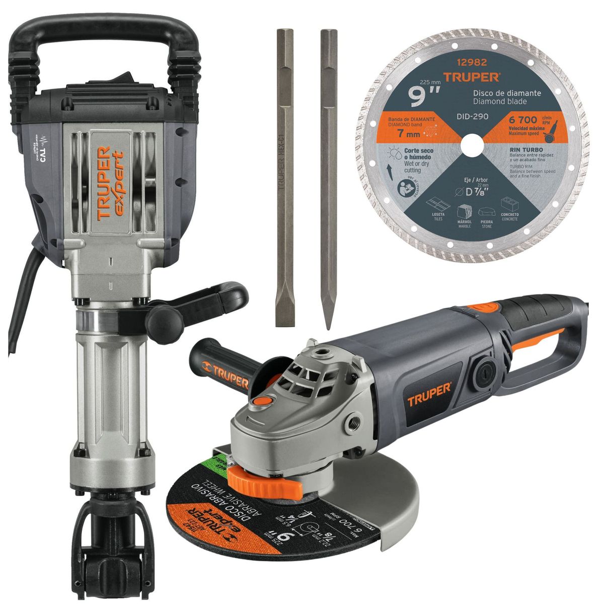 TRUPER - COMBO Martillo demoledor 1600W AMOLADORA 2000W Disco Truper Expert