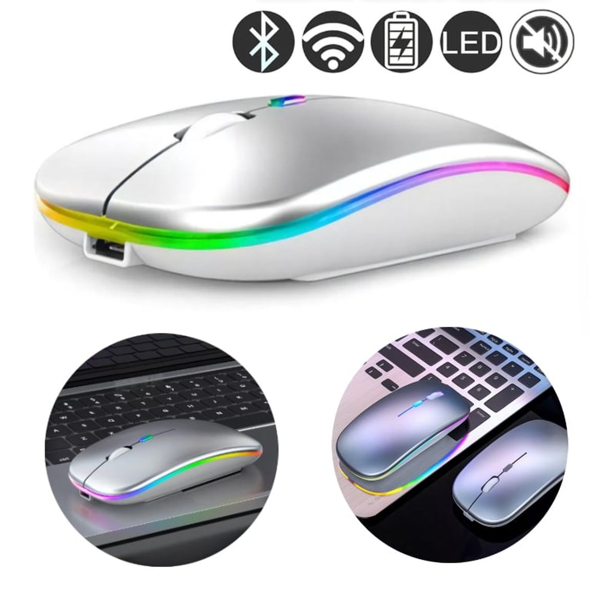 GENERICO - Mouse inalambrico recargable usb, led 8 colores (rgb) Color Plateado