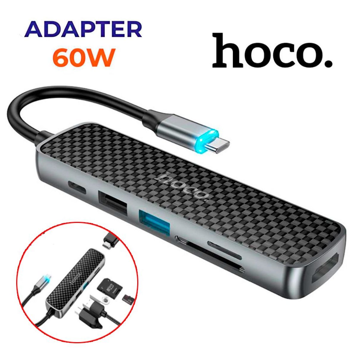 HOCO - Adaptador Multipuerto Lector de Memoria 6 En 1 Hoco Hb24 USB-C 60w