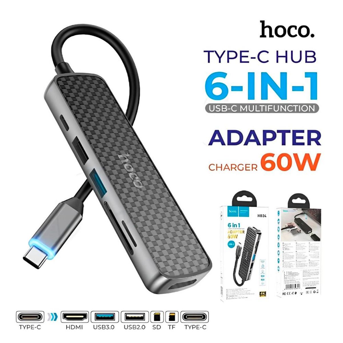 HOCO - Adaptador Multipuerto Lector de Memoria 6 En 1 Hoco Hb24 USB-C 60w
