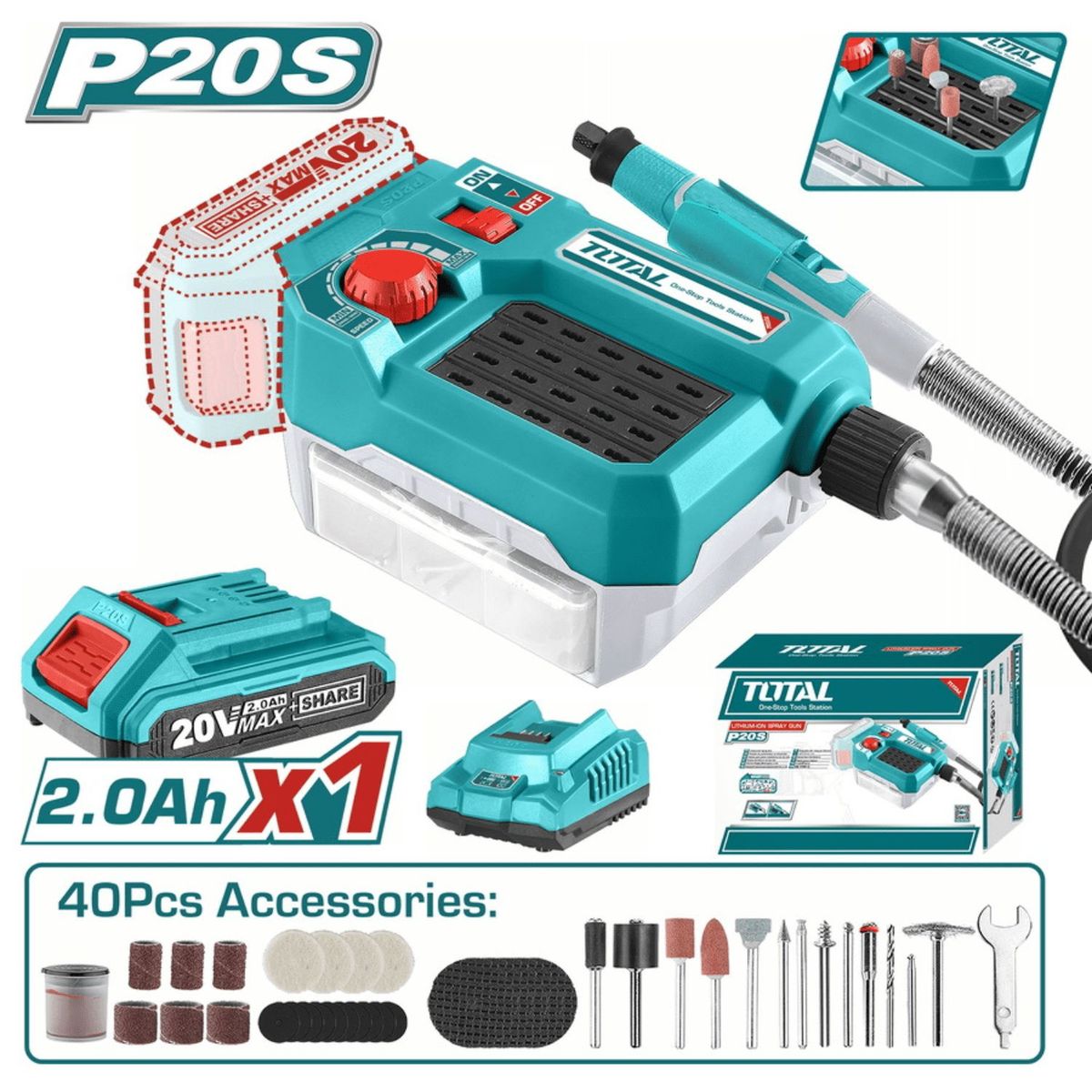 TOTAL TOOLS - Mini Grinder Amoladora con 40 Piezas 20v Batería 2ah y Cargador Total