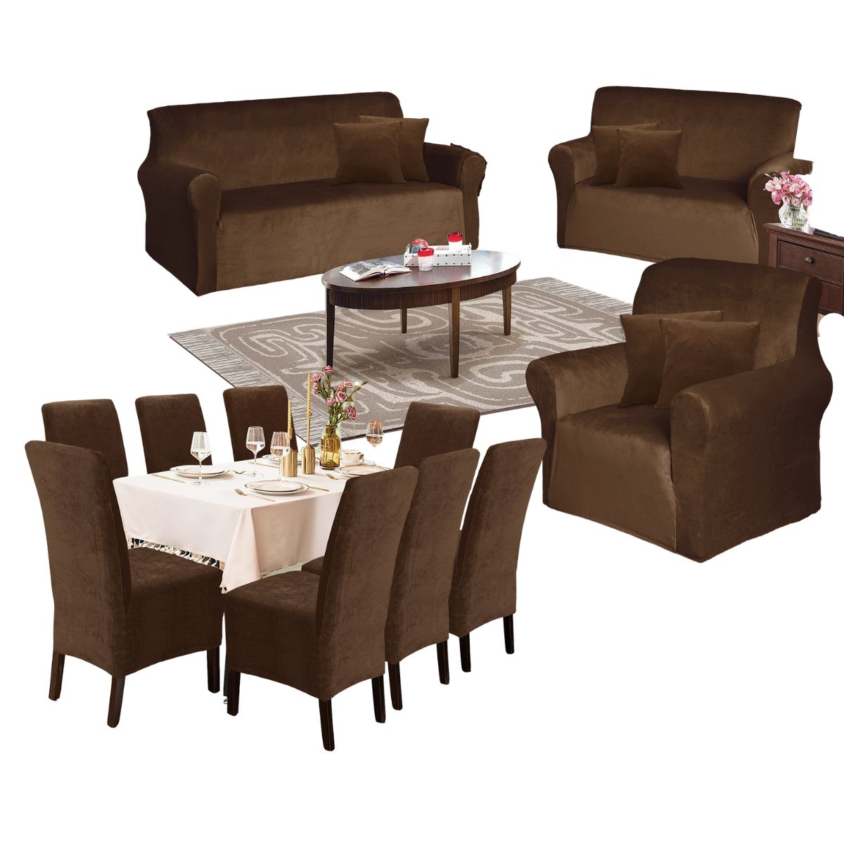 SALA FABULOSA - Set funda de mueble 3-2-1 + 8 fundas de silla terciopelo chocolate