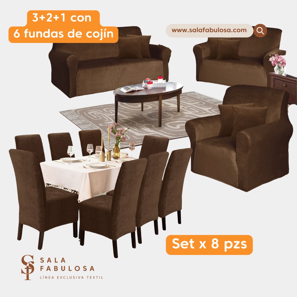 SALA FABULOSA - Set funda de mueble 3-2-1 + 8 fundas de silla terciopelo chocolate