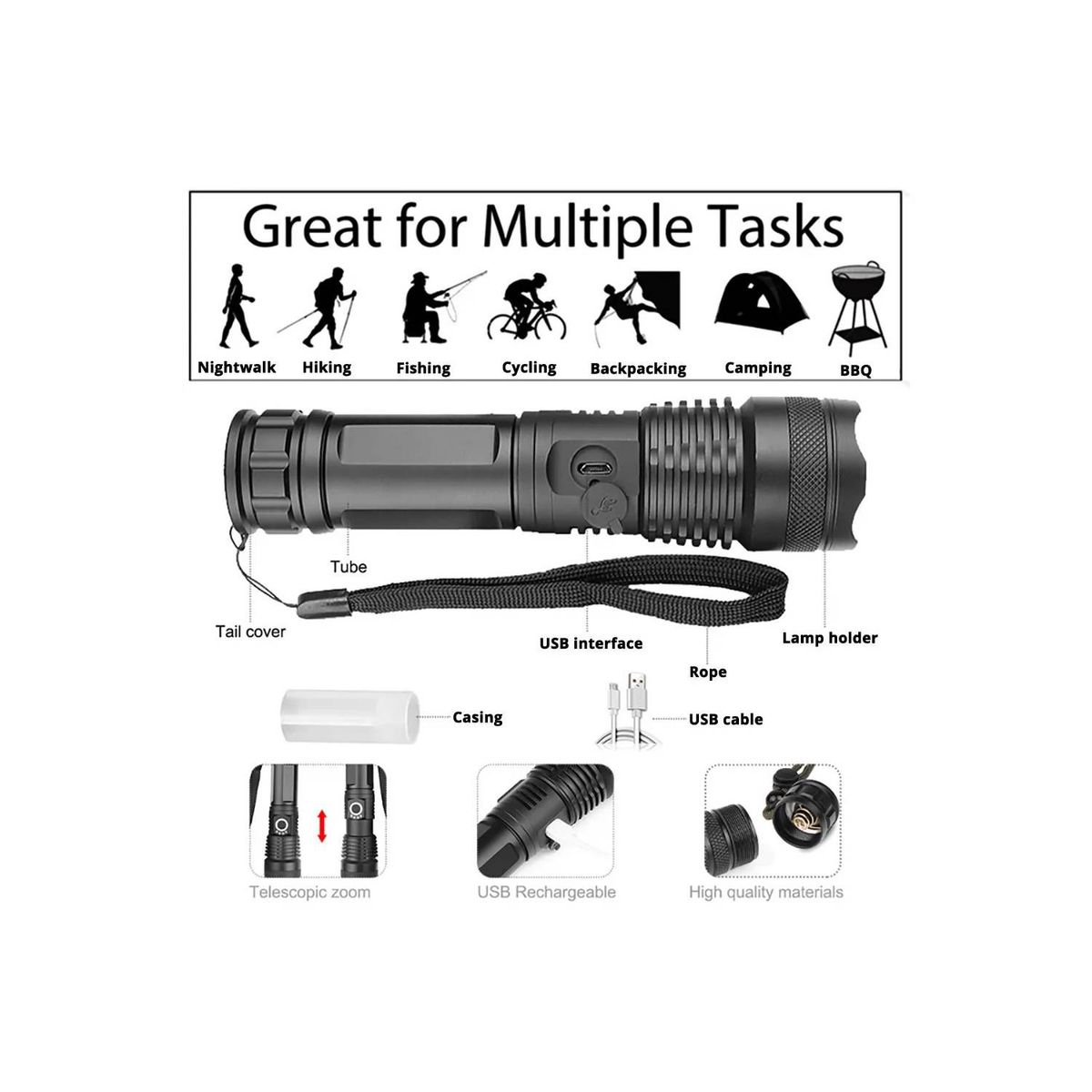 GENERICO - Linterna Recargable de Luz Fuerte 2000M Potente USB Zoom Telescópico
