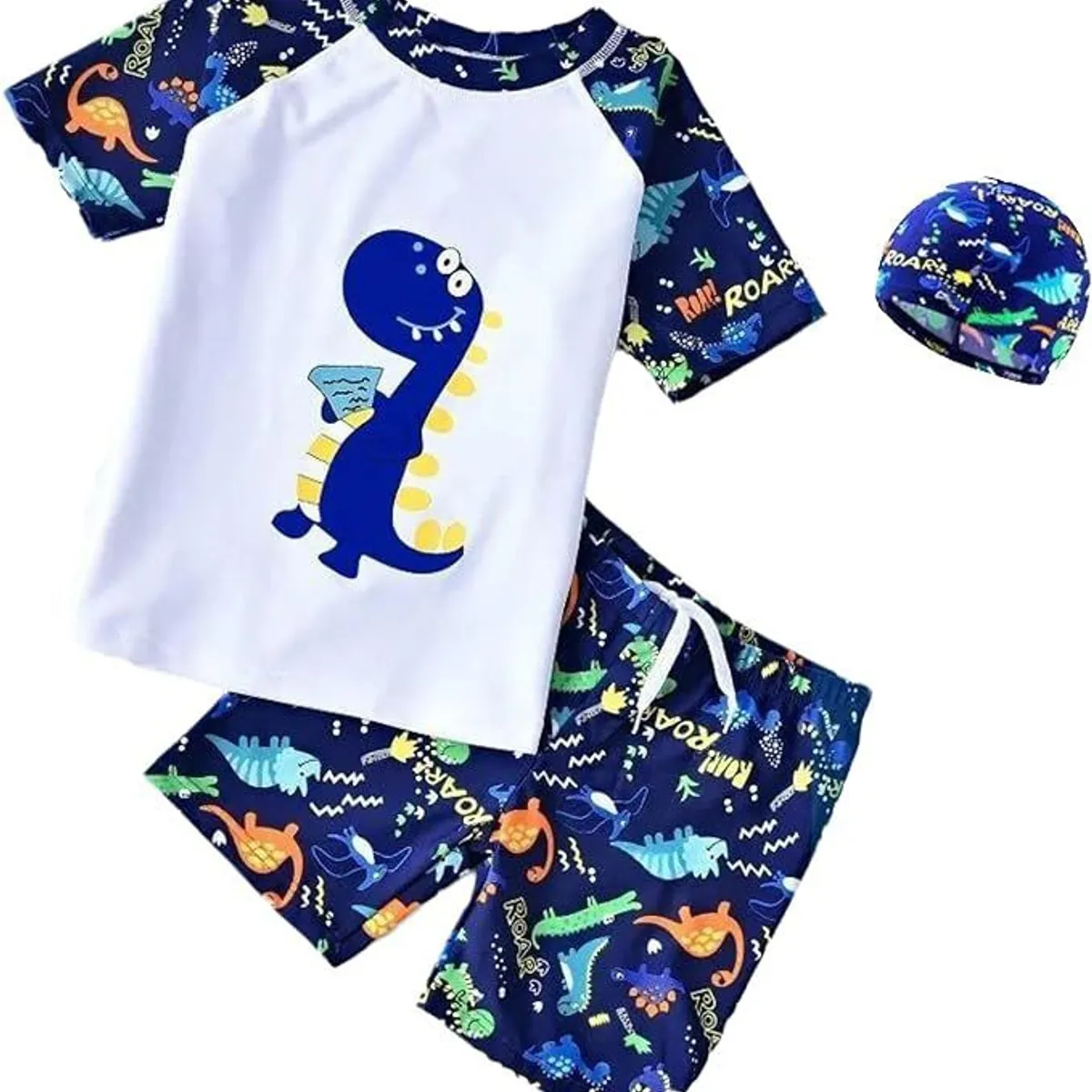 GENERICO - ROPA DE BAÑO 3 PIEZAS PARA BEBE NIÑO DINOSAURIO BLANCO Y AZUL