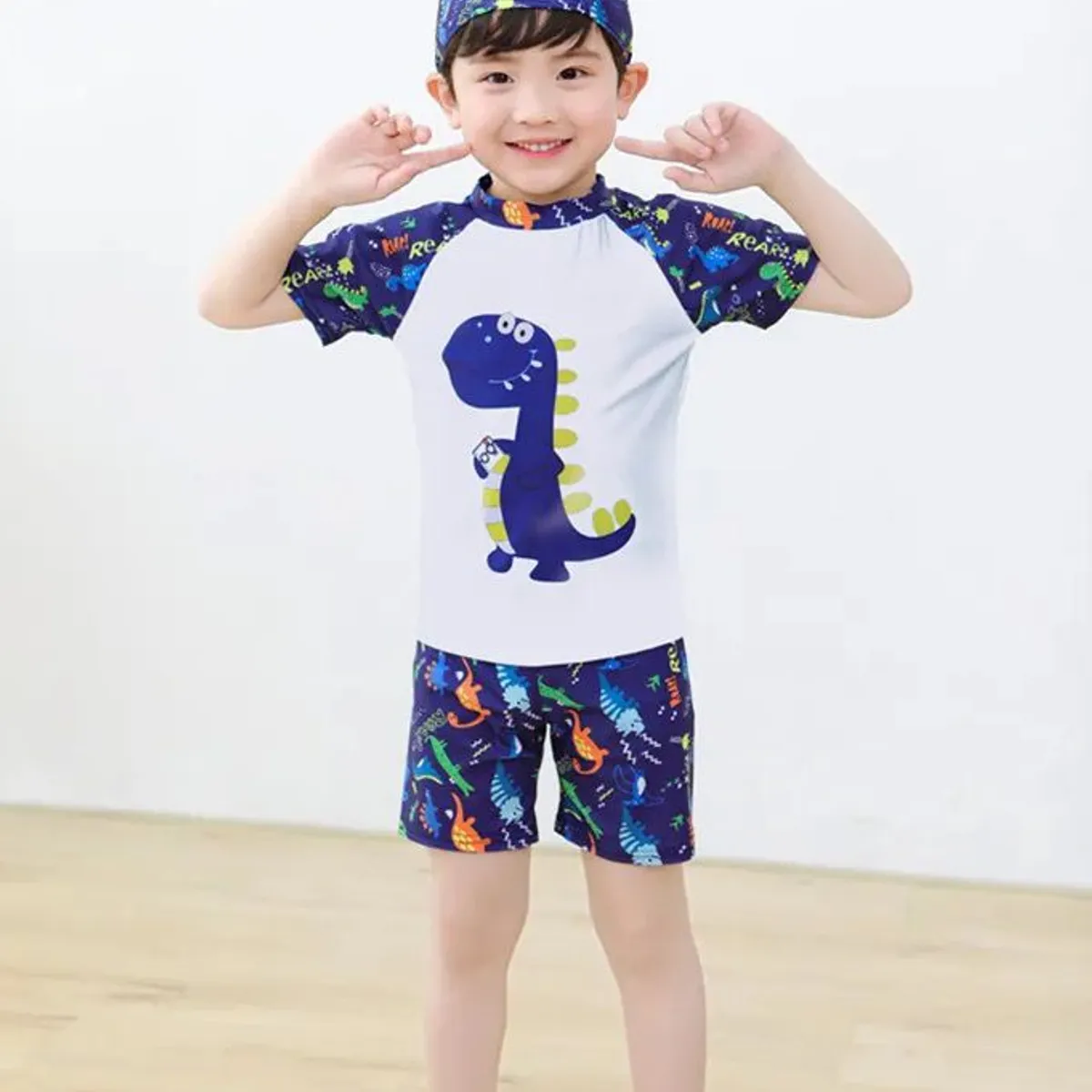 GENERICO - ROPA DE BAÑO 3 PIEZAS PARA BEBE NIÑO DINOSAURIO BLANCO Y AZUL