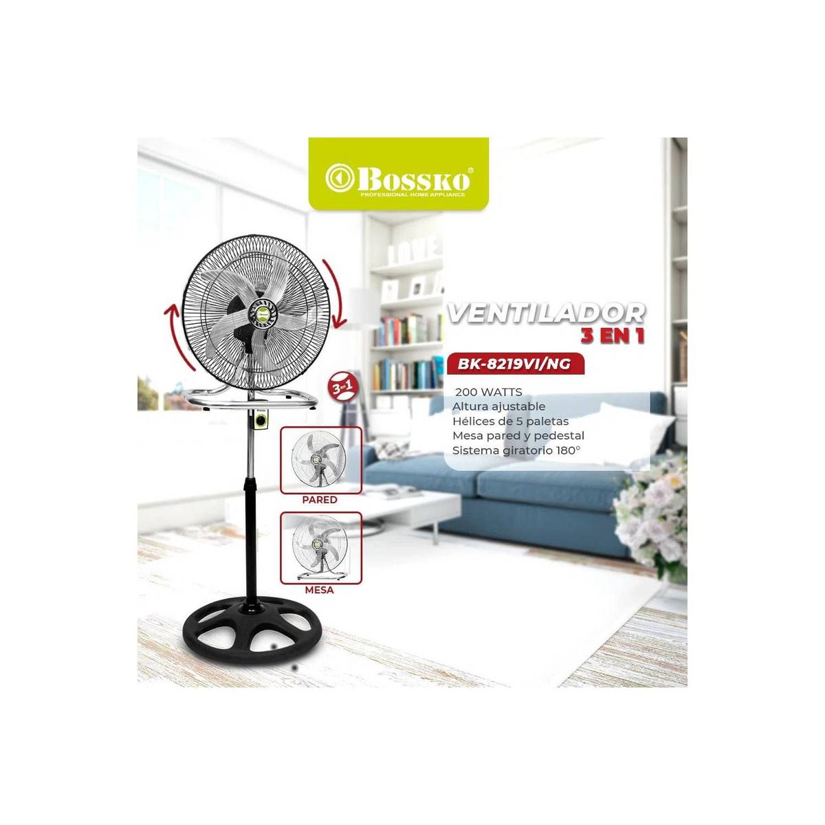 BOSSKO - Ventilador De 5 Aspas 3 En 1 De 18? 200W Bossko BK-8219VI - Negro