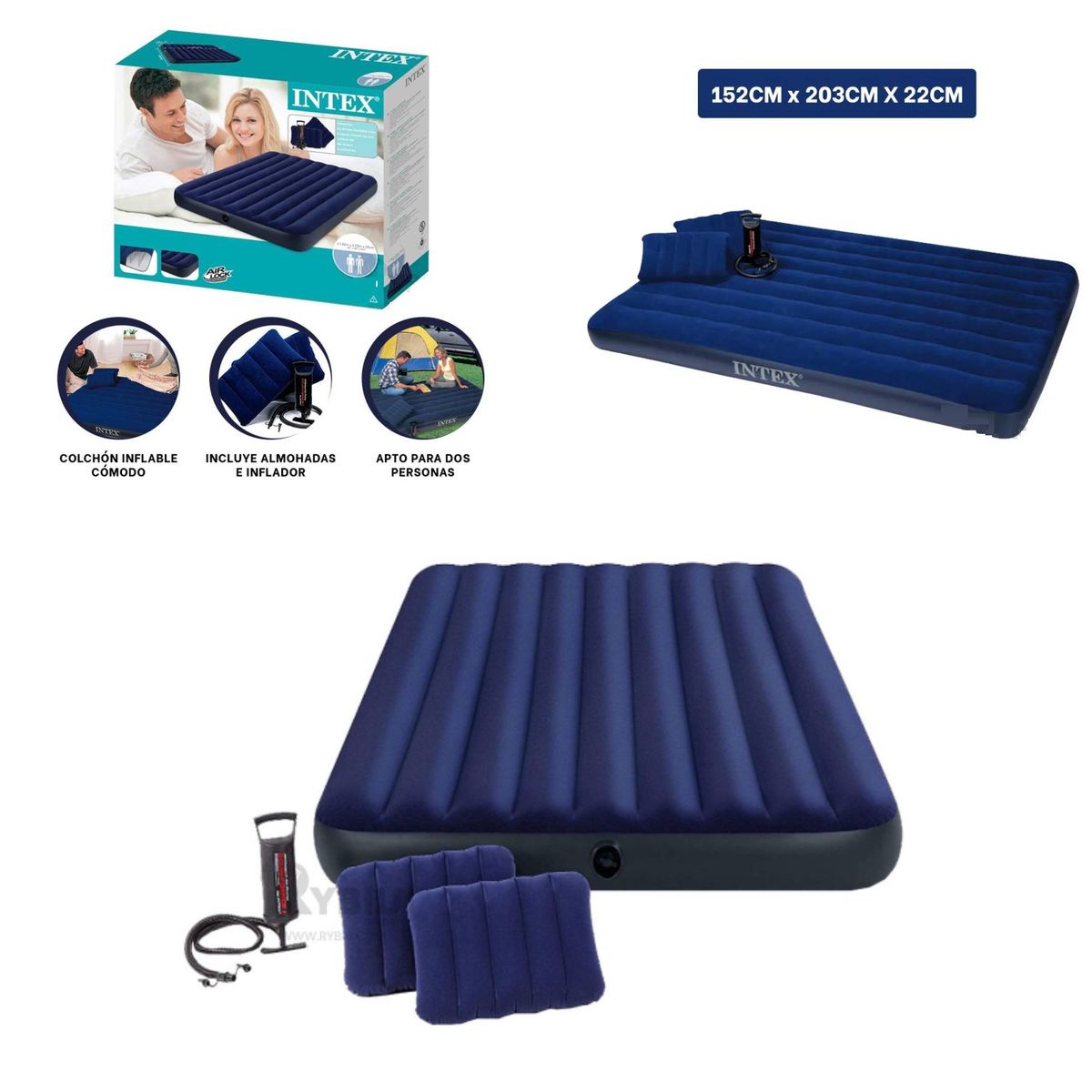 INTEX - Colchon Inflable Queen 2 1/2 Plazas 152x203x22