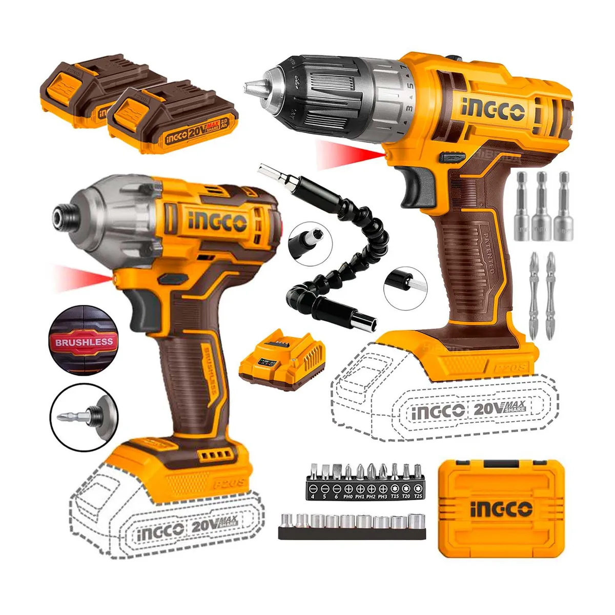 INGCO TOOLS - TALADRO INALÁMBRICO  ATORNILLADOR DE IMPACTO  EXTENSOR FLEXIBLE - COMBO