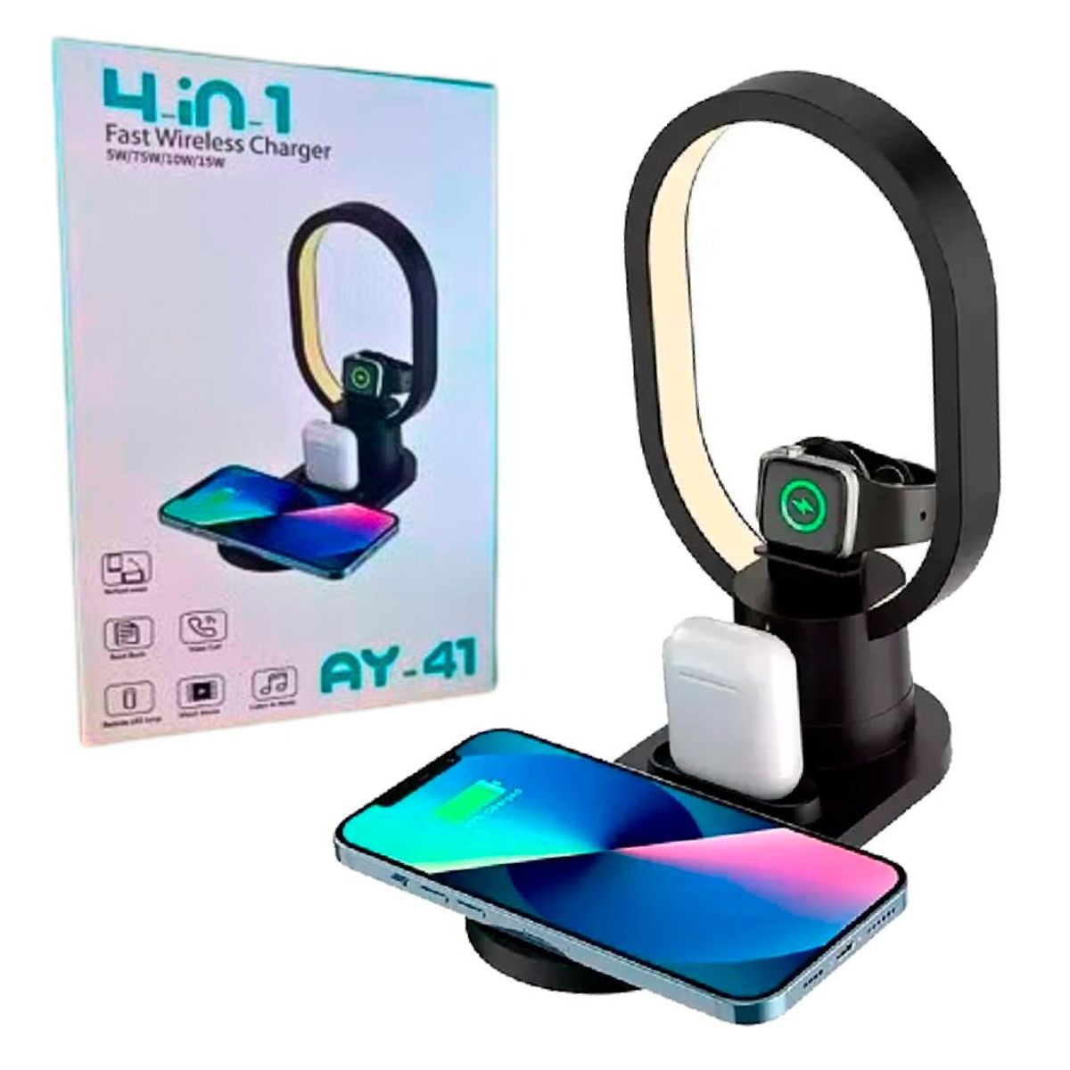 IMPORTADO MC - Lampara con Base de Carga 4 en 1 15W Cargador Inalambrico Android IOS