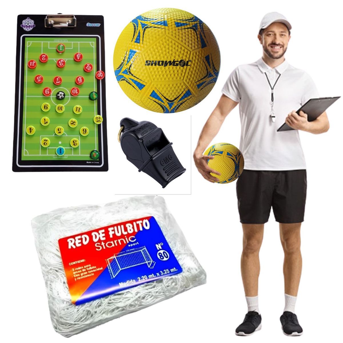 GENERICO - Kit Entrenador Fútbol 2 Red Pelota #5 Tabla Táctica Silbato