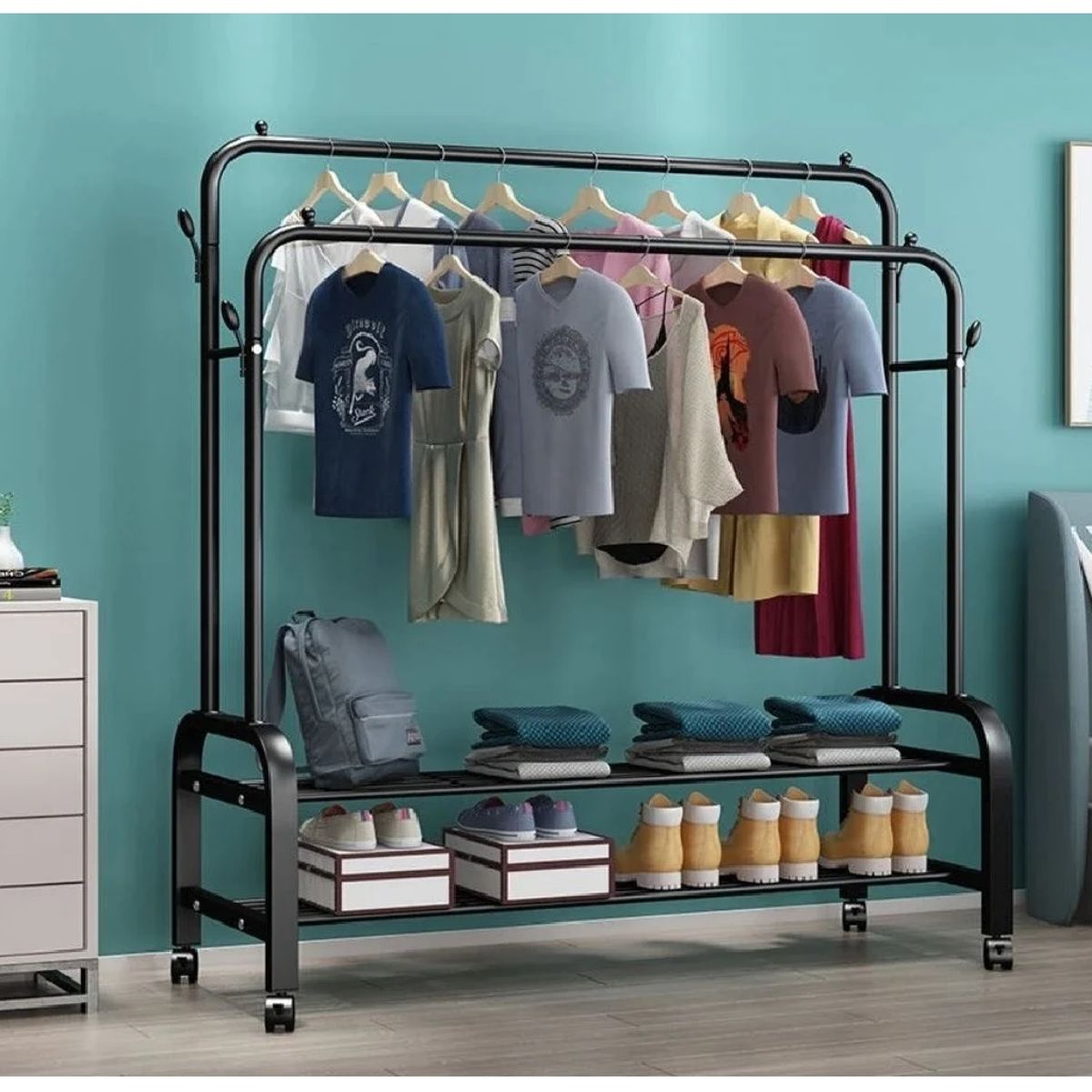 GENERICO - PERCHERO COLGADOR DOBLE ORGANIZADOR DE 2 REPISAS CON RUEDAS PREMIUM