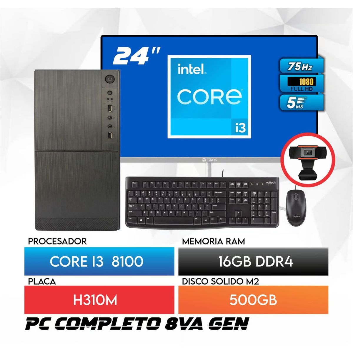 INTEL - Computadora PC Intel Core i3 8100 RAM 16GB SSD 500GB Monitor 24 FHD webcam