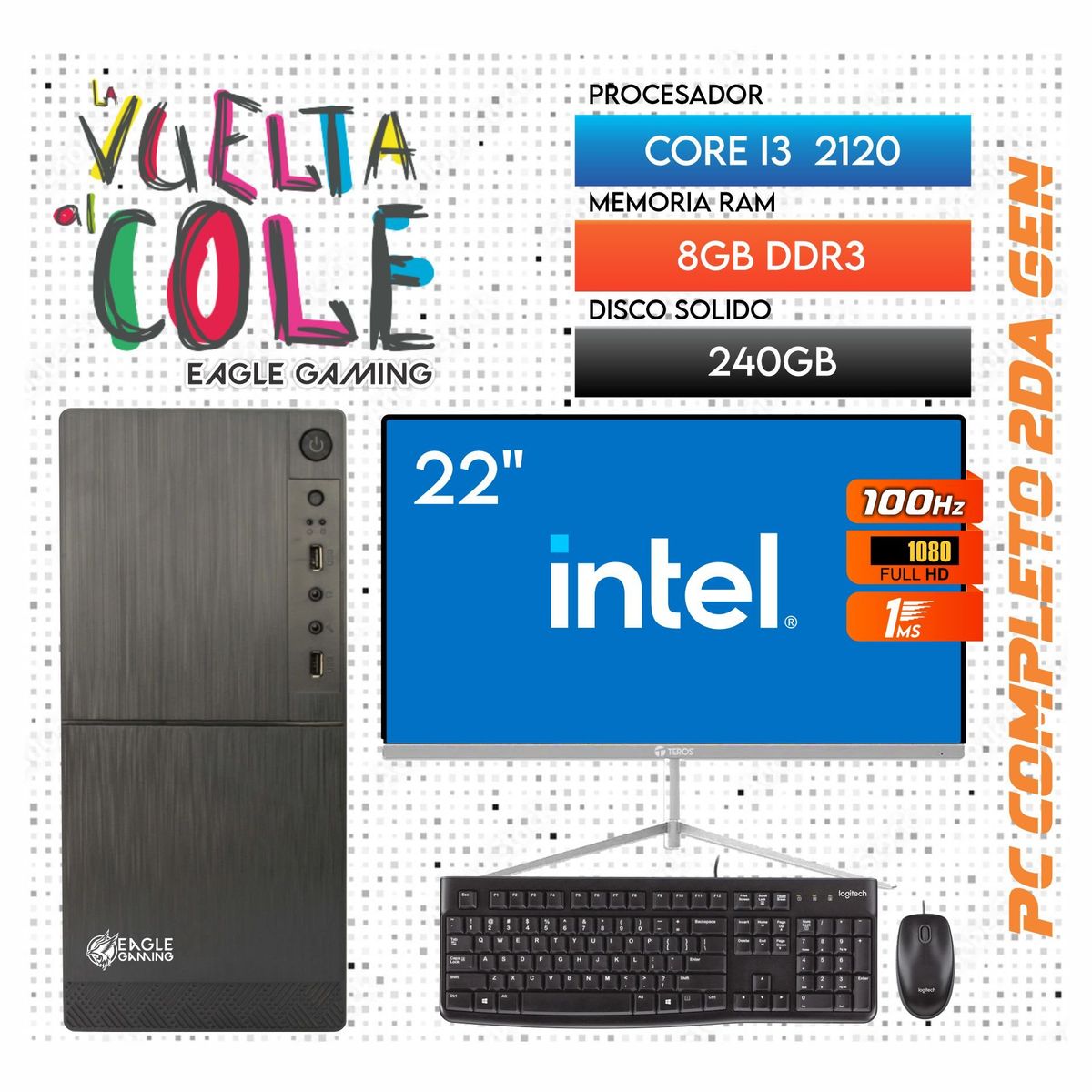 INTEL - Computadora PC Intel Core i3 2120 RAM 8GB SSD 240GB Monitor 22 FHD webcam