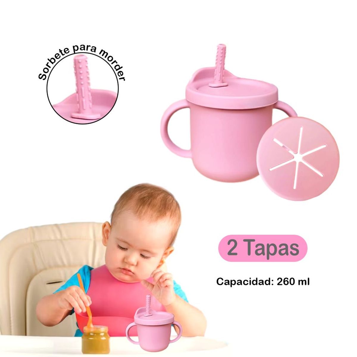 BABY - Taza de Silicona para Bebés con Doble Tapa - SANDIA