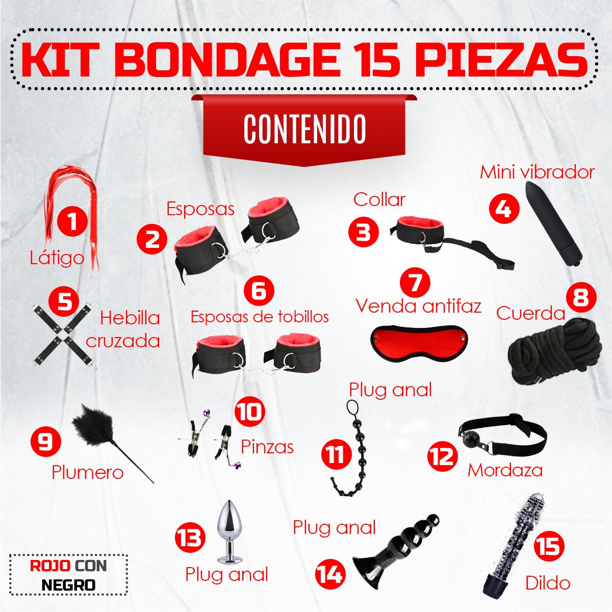 GENERICO - Kit Sado - Bondage Bdsm Para Parejas - 15 Piezas Sexuales