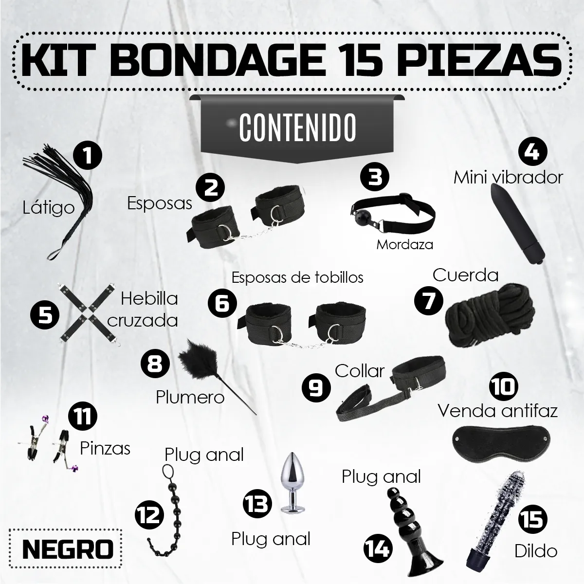 GENERICO - Kit Sado - Bondage Bdsm Para Parejas - 15 Piezas Sexuales