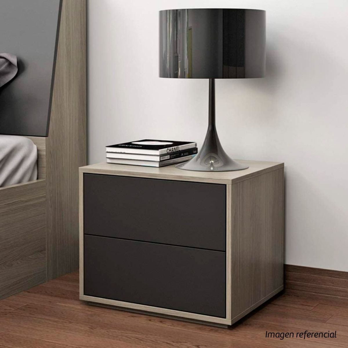 TU MESITA - Velador Mesa de Noche María José 2 Cajones Color Ceniza c/Negro