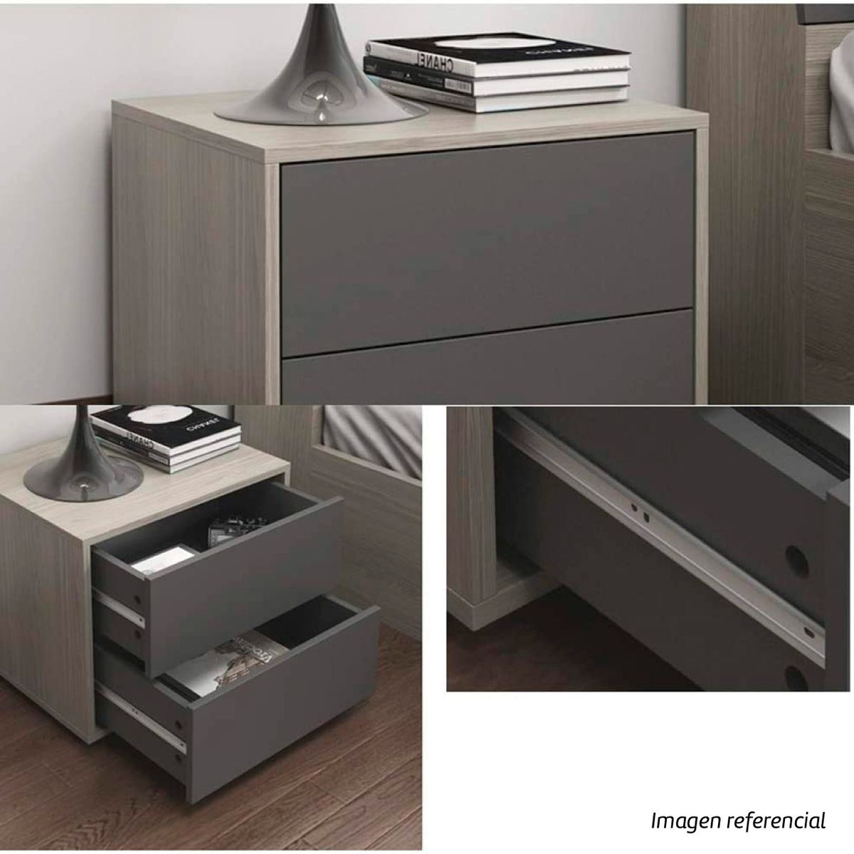 TU MESITA - Velador Mesa de Noche María José 2 Cajones Color Ceniza c/Negro