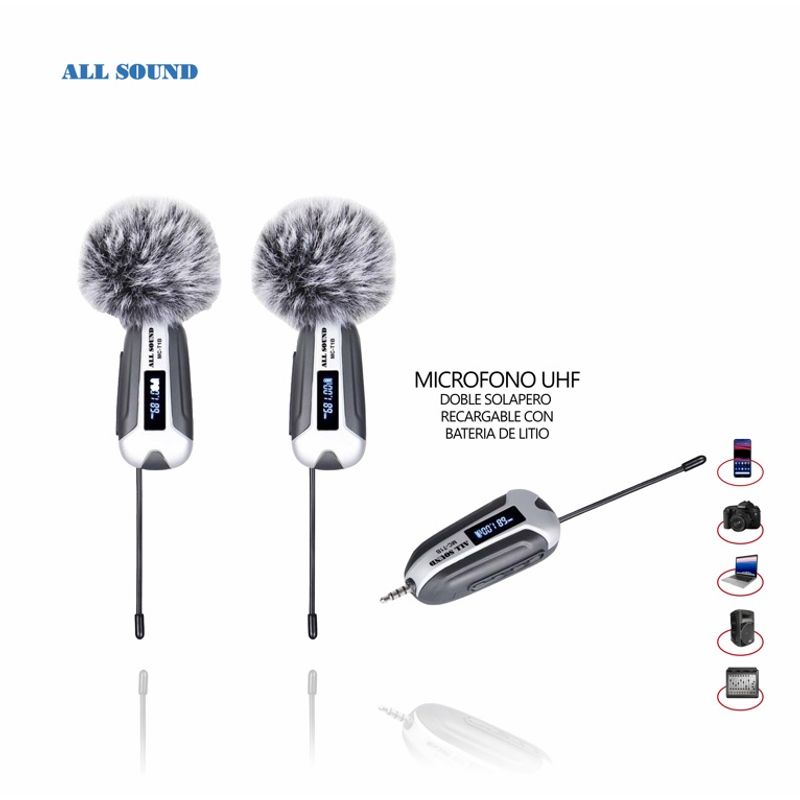 ALL SOUND - MICROFONO INALAMBRICO UHF DUAL MODELO SOLAPERO RECARGABLE - ALL SOUND