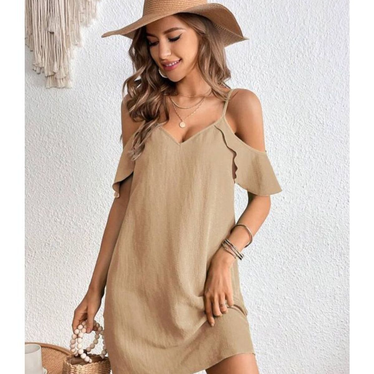 KAST PE - Vestido de Verano Alira Beige con hombros descubiertos - Talla M