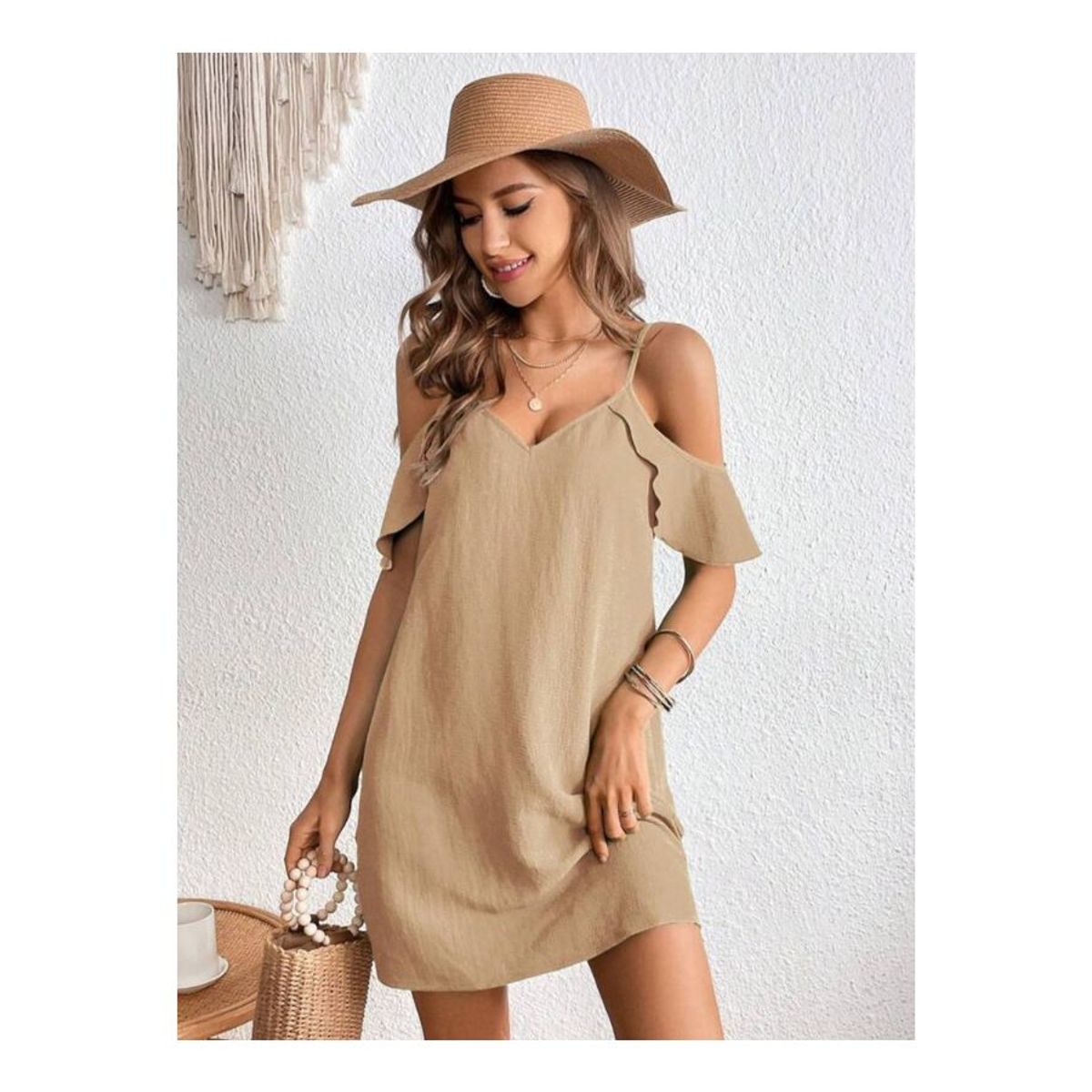 KAST PE - Vestido de Verano Alira Beige con hombros descubiertos - Talla M