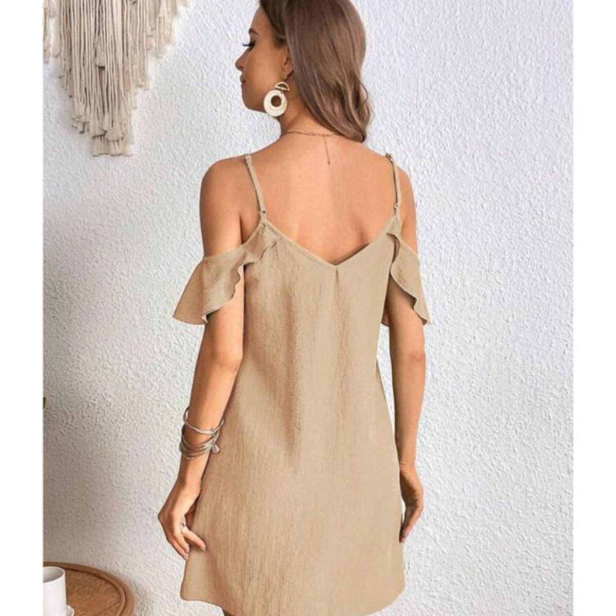 KAST PE - Vestido de Verano Alira Beige con hombros descubiertos - Talla M