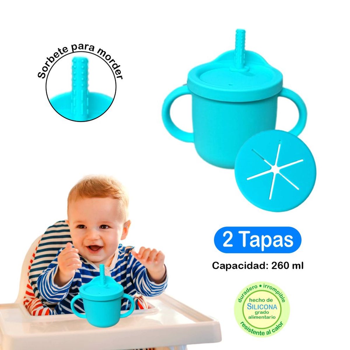 BABY - Taza de Silicona para Bebés con Doble Tapa - TURQUESA
