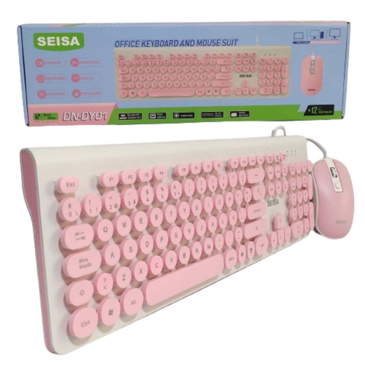 SEISA - Kit Teclado y Mouse Rosado Blanco Alámbrico para Pc Laptop