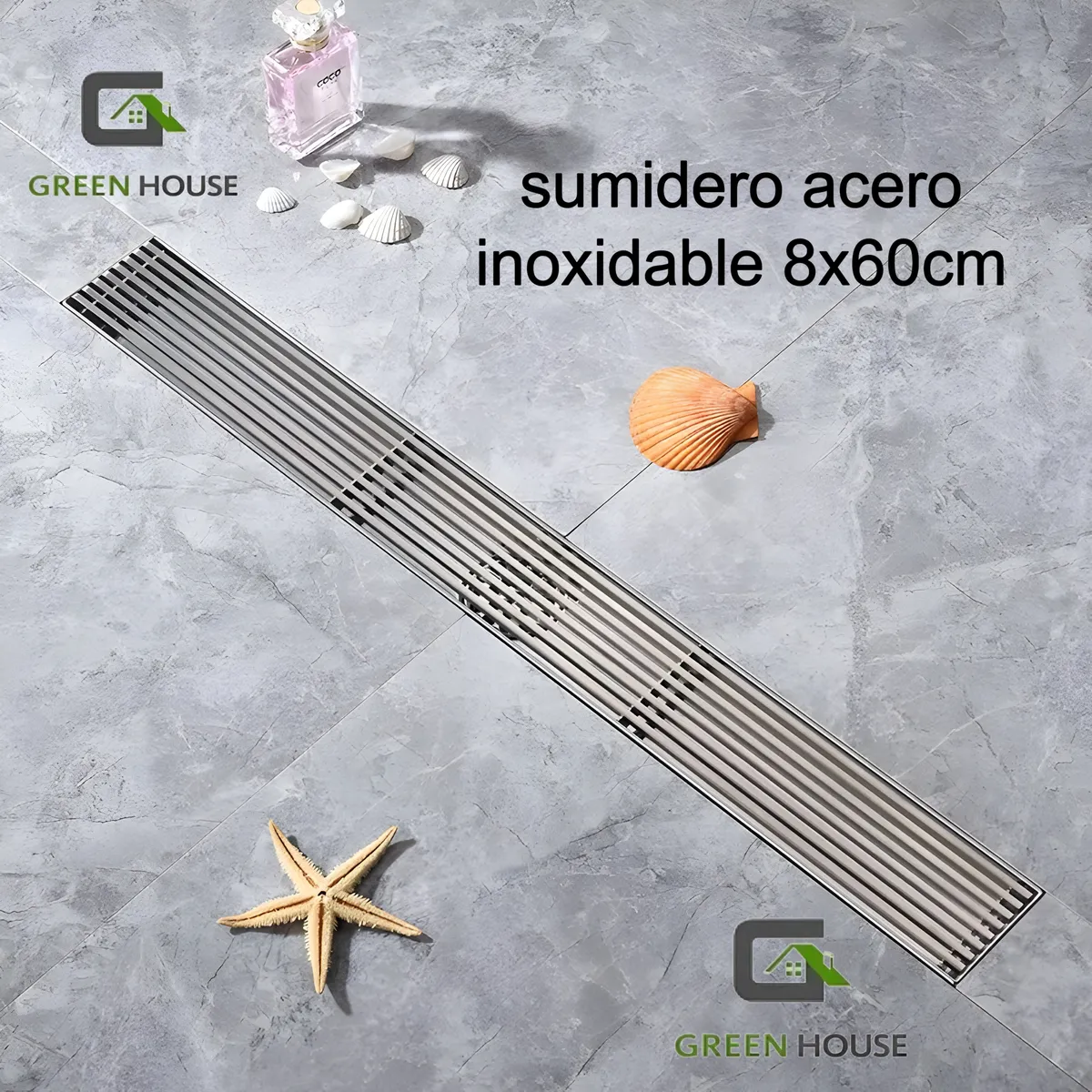 GREEN HOUSE - SUMIDERO DE ACERO SUS 304 RECTANGULAR 8 x 60 CM SATINADO