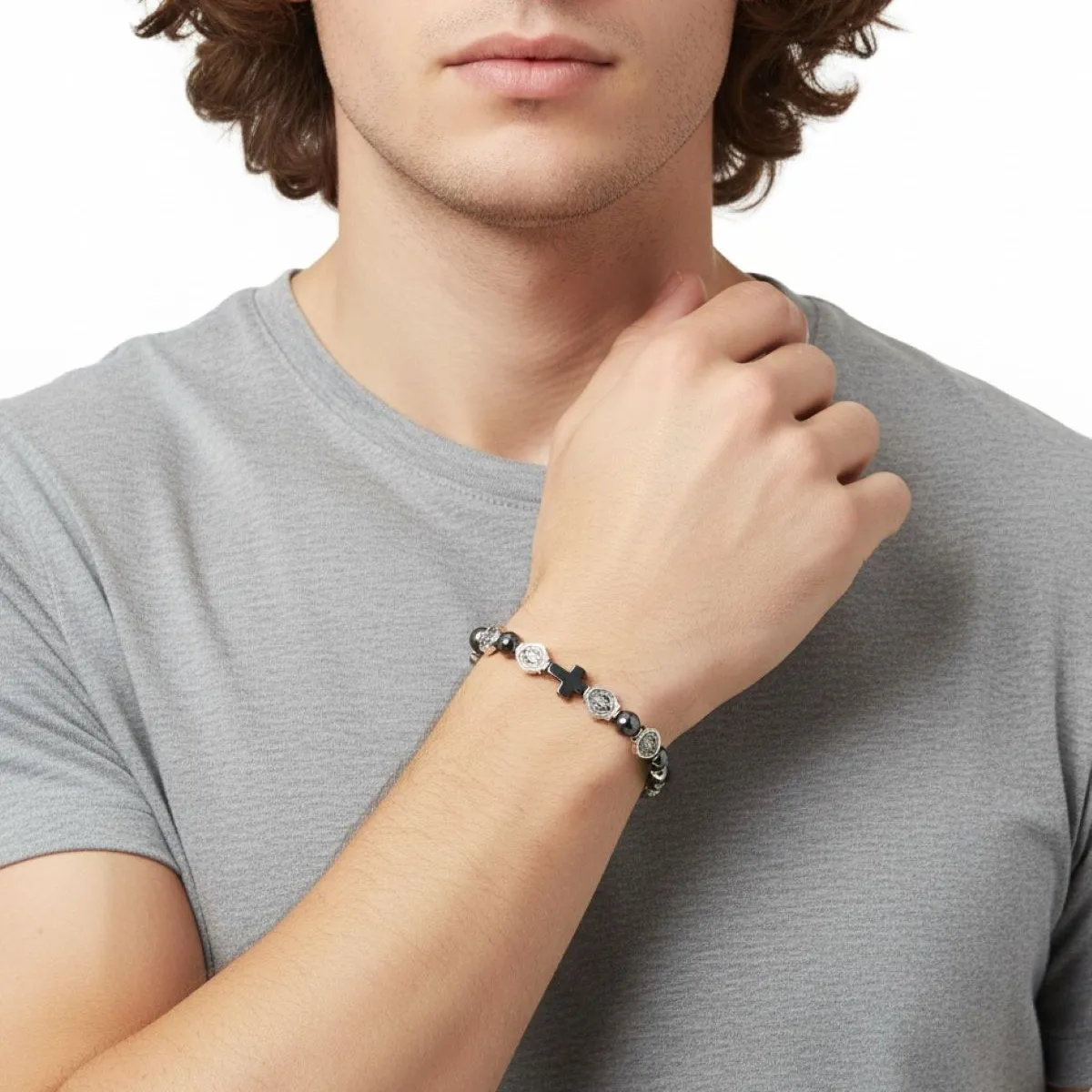 SANTORAL - Pulsera Denario Medalla de San Benito - Hematita