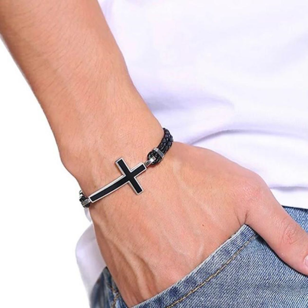 SANTORAL - Pulsera Cruz Josué - Acero y Biocuero