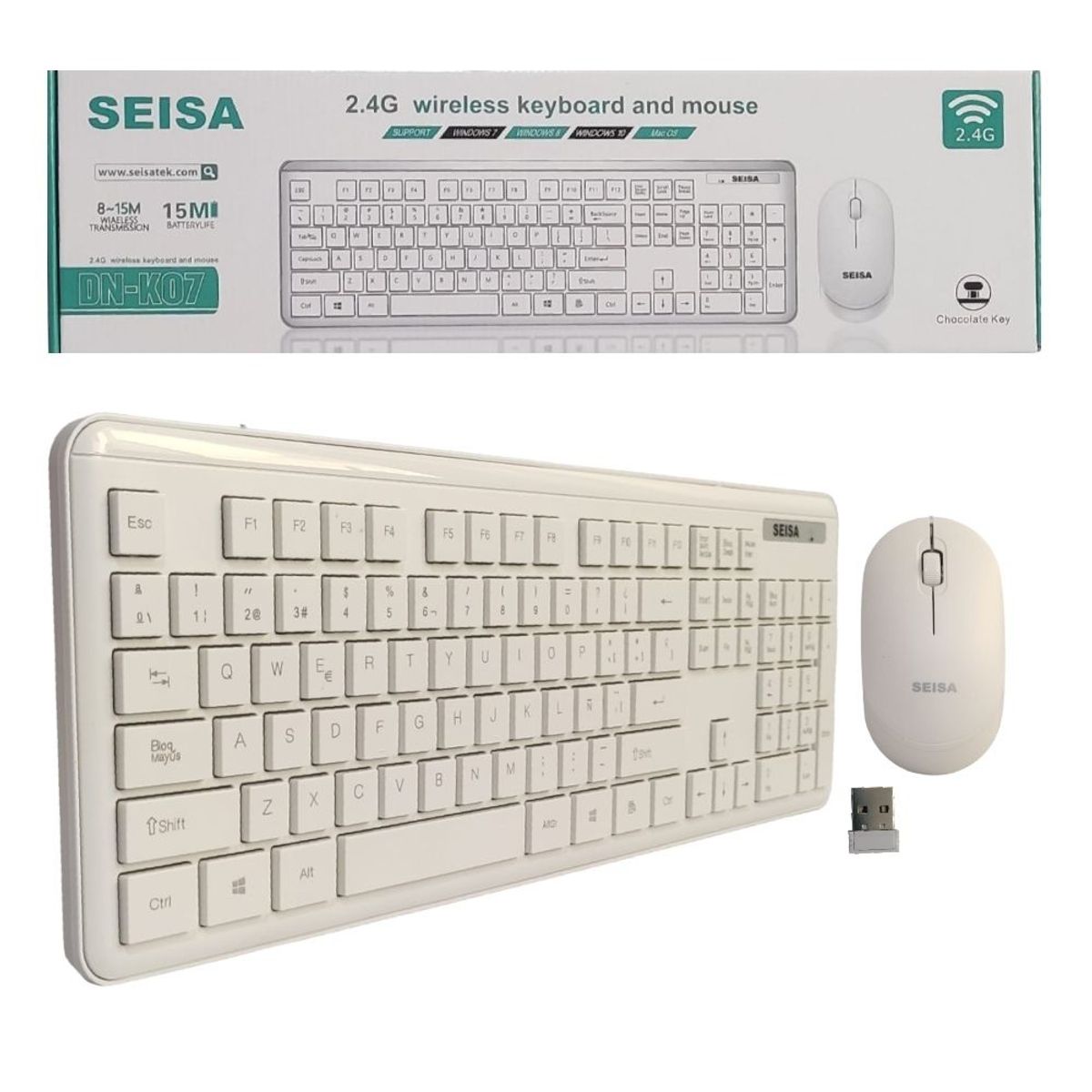 SEISA - Kit Teclado y Mouse Pc Laptop Inalámbrico Adaptador USB Blanco Seisa
