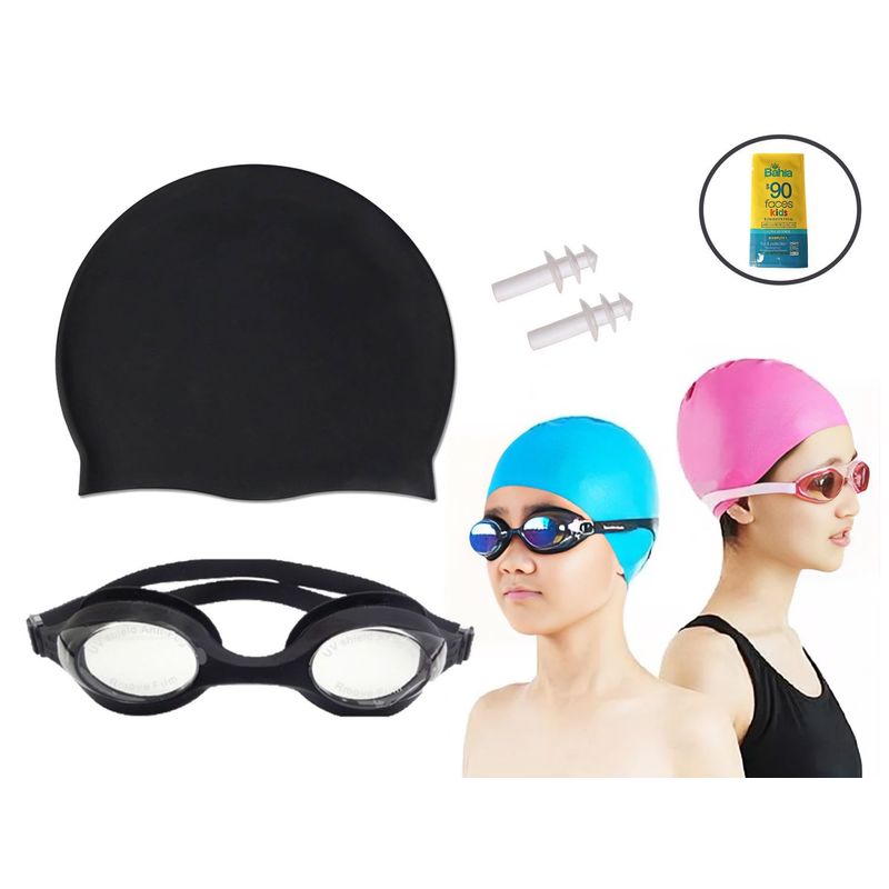 WINNER - KIT NATACIÓN LENTES PROT UV GORRO DE SILICONA NEGRO - Junior